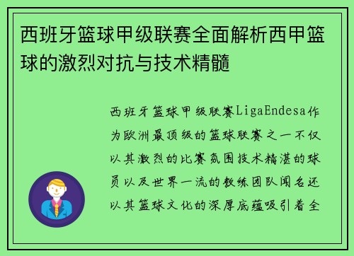 西班牙篮球甲级联赛全面解析西甲篮球的激烈对抗与技术精髓